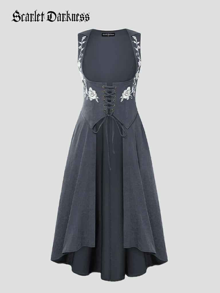 Scarlet Darkness Renaissance Warrior Rose-embroidered Hooded Vest Dress