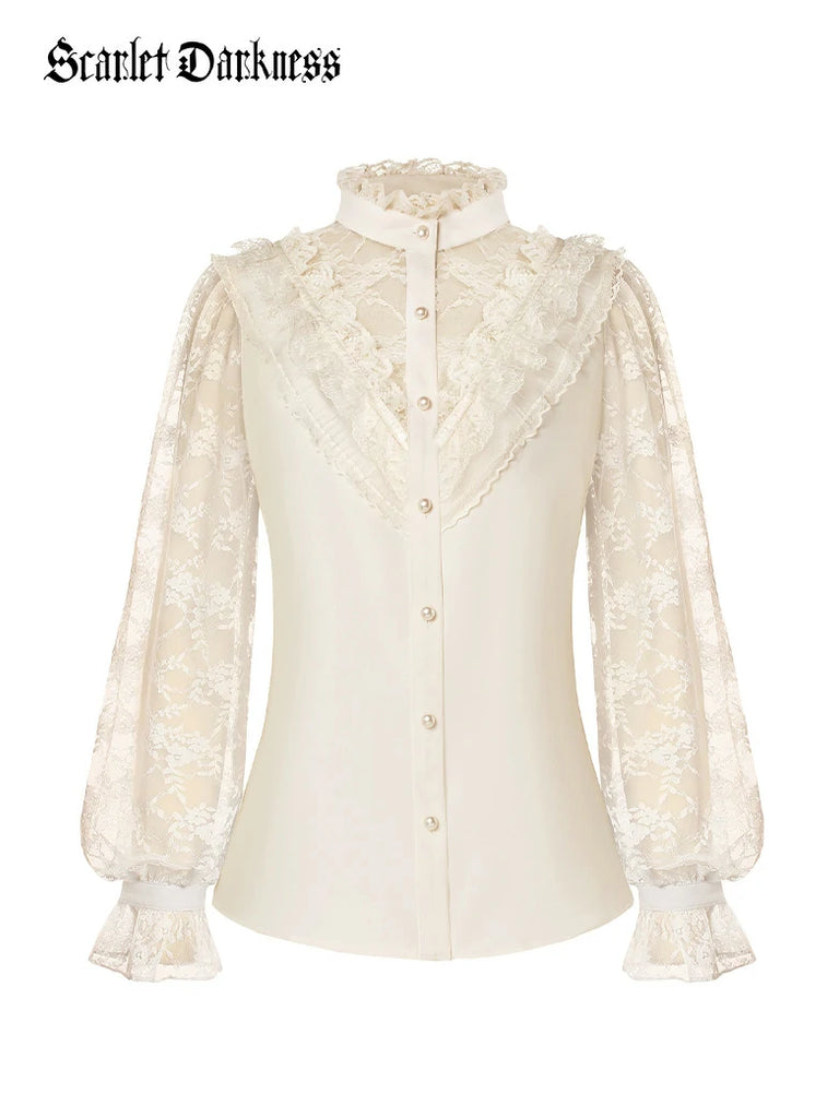 Scarlet Darkness Victorian Lace Patchwork Stand Collar Shirt Tops Apricot