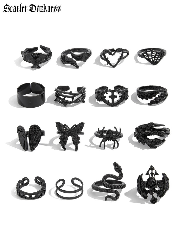 Scarlet Darkness Gothic Snake Vine Spider Bat Open Ring Set of 16 1
