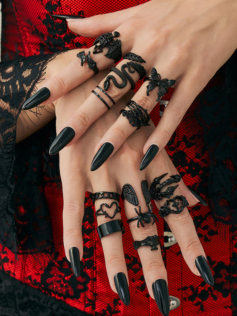 Scarlet Darkness Gothic Snake Vine Spider Bat Open Ring Set of 16