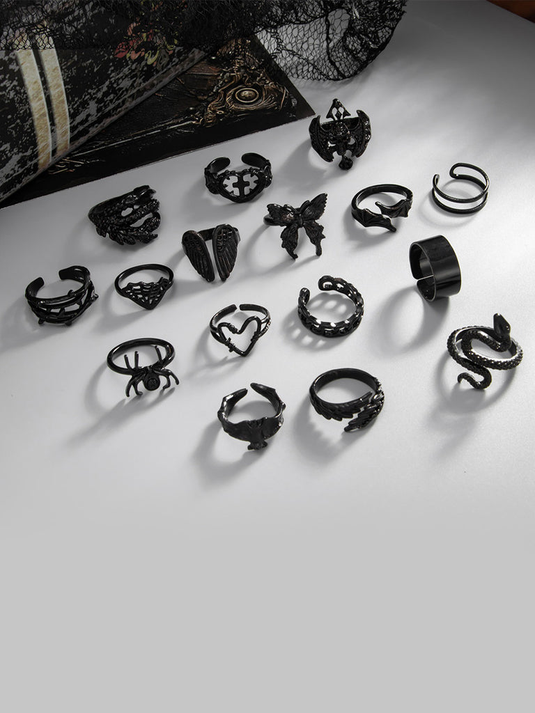 Scarlet Darkness Gothic Snake Vine Spider Bat Open Ring Set of 16