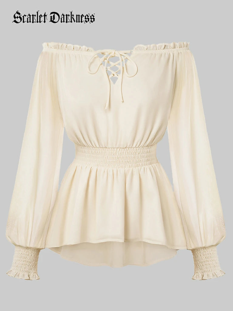 Scarlet Darkness Renaissance Fitted Long Sleeve Off-Shoulder Top Apricot