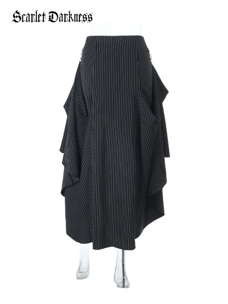 Scarlet Darkness Women Punk High-Low Striped Midi Witch Skirt