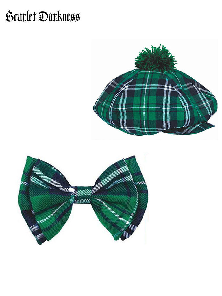 Green Plaid Beanie Cap and Bow Tie Set SCARLET DARKNESS