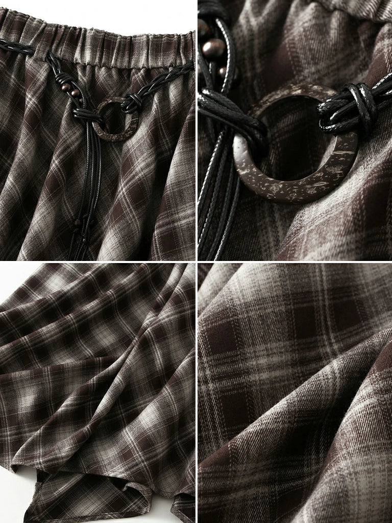 Scarlet Darkness 2025 Retro Plaid Irregular Midi Skirt with Tie