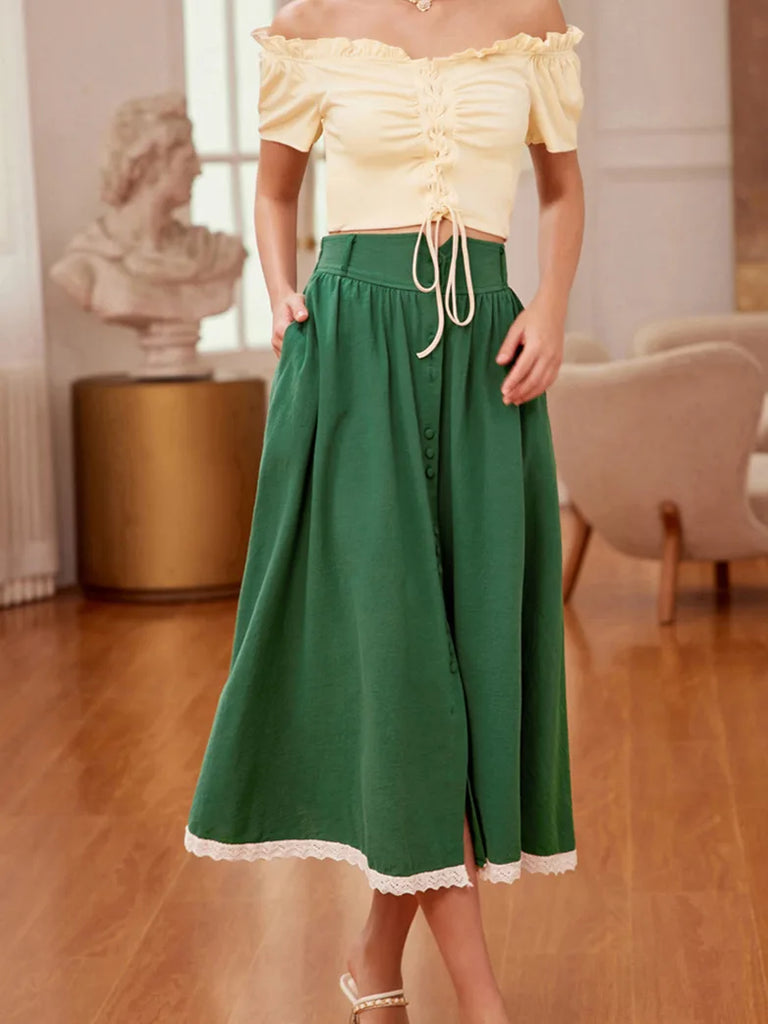 100% Cotton High Waist Button-up Strapd Mid-Calf Skirt SCARLET DARKNESS