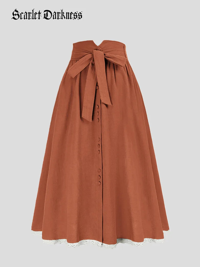 Cotton High Waist Button-up Strapd Mid-Calf Skirt Scarlet Darkness