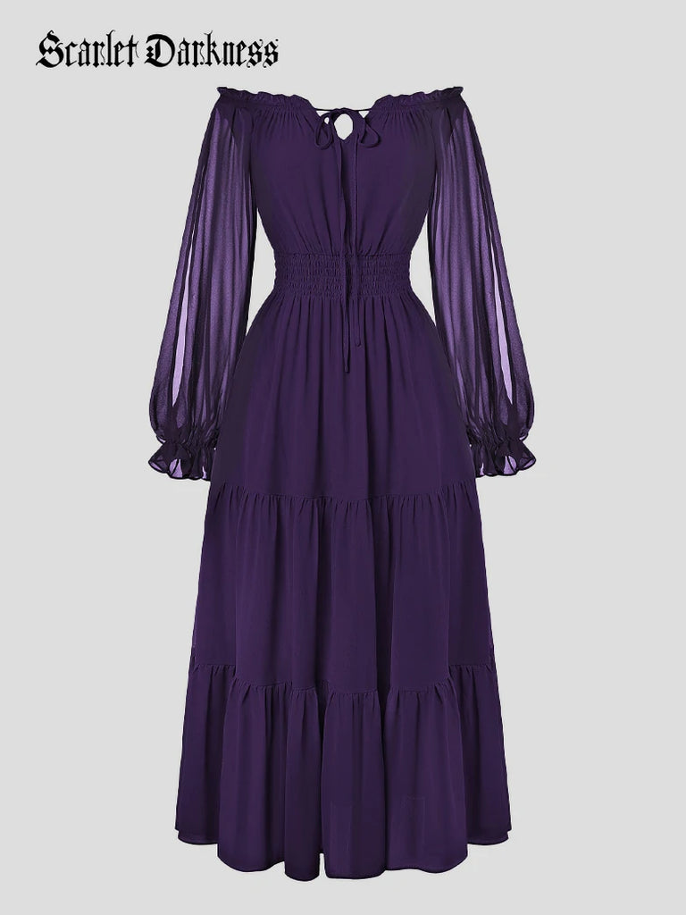 Scarlet Darkness Renaissance Chiffon Sleeve Elastic Waist Pocket Dress Purple