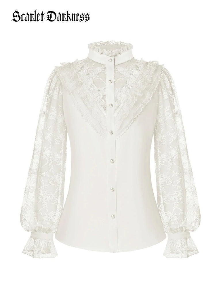 Scarlet Darkness Victorian Lace Patchwork Stand Collar Shirt Tops White