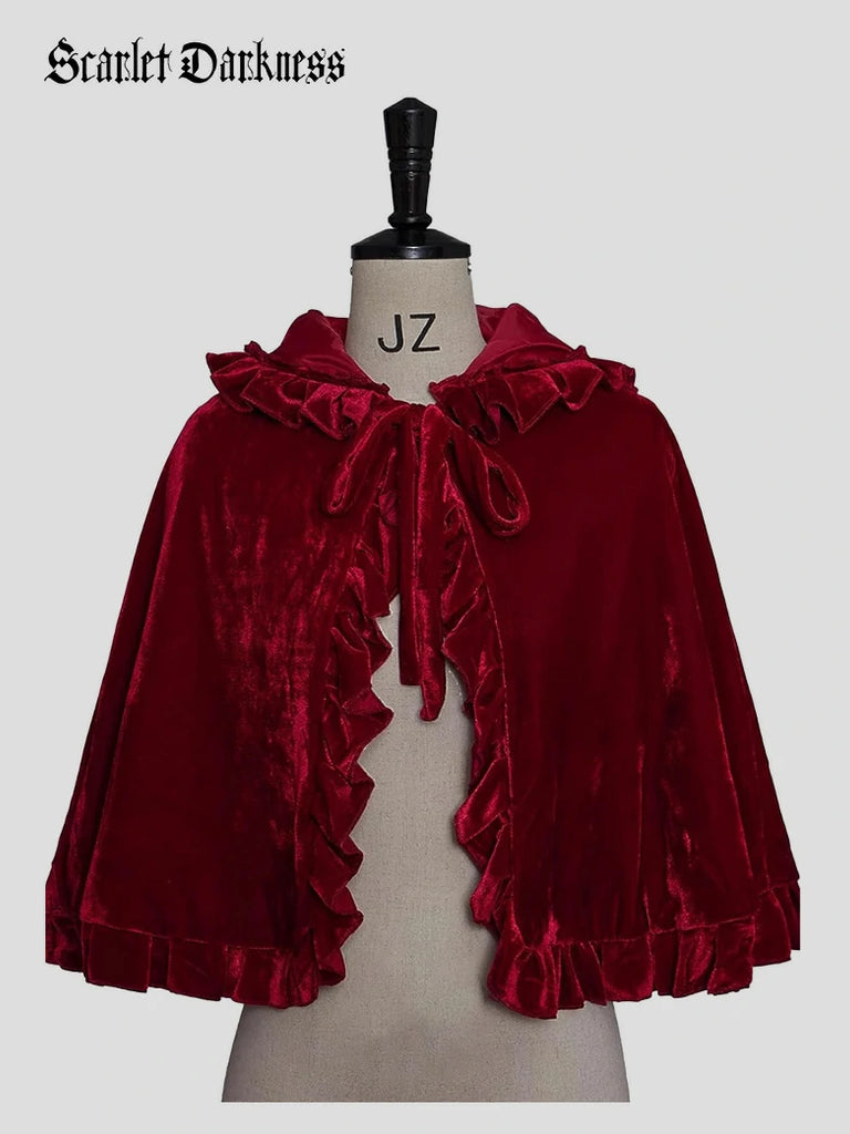 Scarlet Darkness Little Red Riding Hood Velvet Pleated Lace Cape Red 50cm