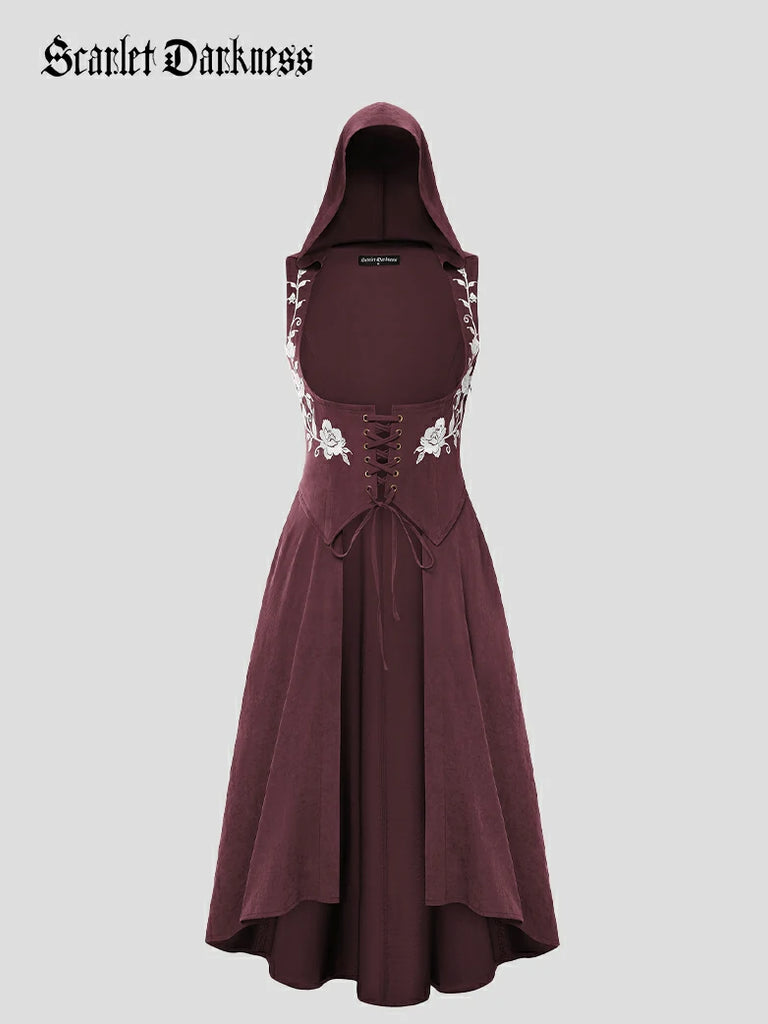 Scarlet Darkness Renaissance Warrior Rose-embroidered Hooded Vest Dress Wine