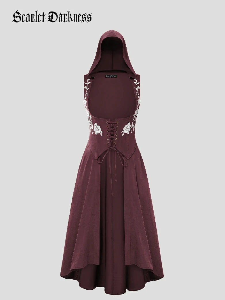 SCARLET DARKNESS Renaissance korsetjurk voor dames, mouwloos, met veters, gesmokt, middeleeuwse maxi-jurk, rood, M