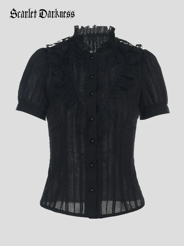 Scarlet Darkness Women Gothic Jacquard Textured Short-sleeved Shirt