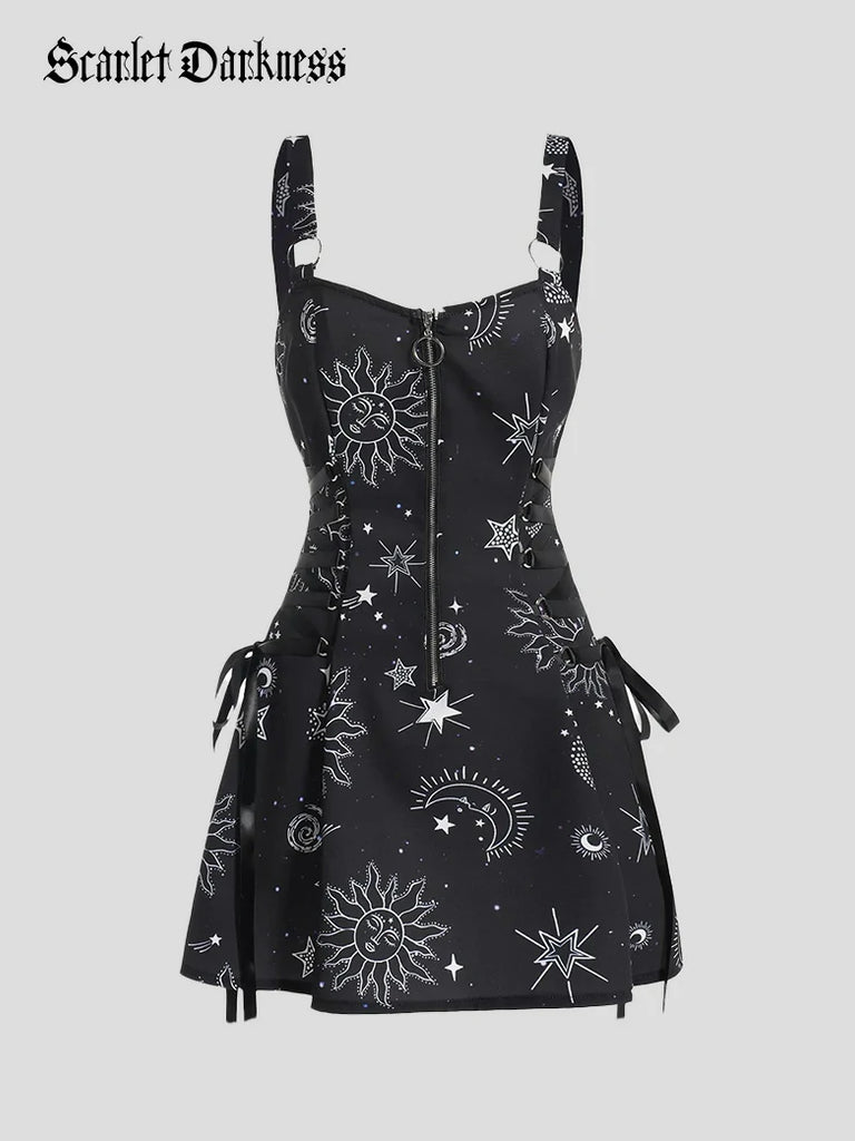Scarlet Darkness Women's Gothic Print Suspender A-Line Dress Black