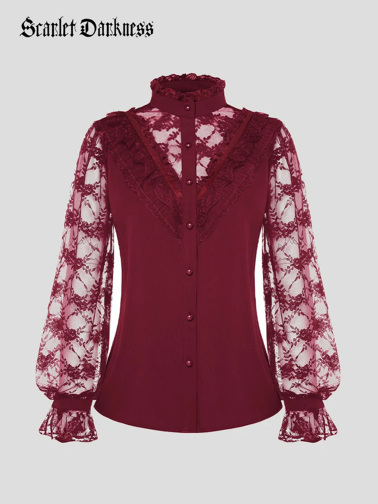 Scarlet Darkness Victorian Lace Patchwork Stand Collar Shirt Tops Red
