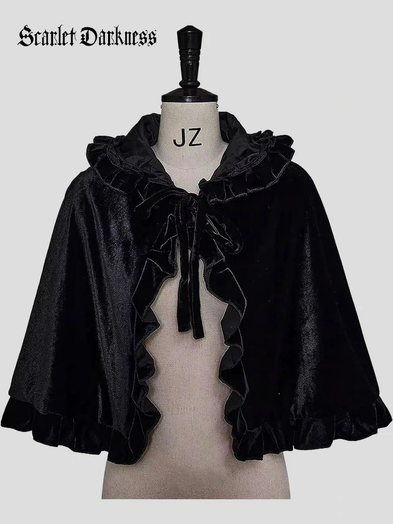 Scarlet Darkness Little Red Riding Hood Velvet Pleated Lace Cape Black 50cm