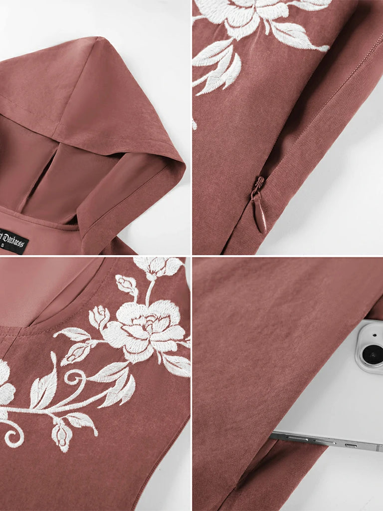 Scarlet Darkness Renaissance Warrior Rose-embroidered Hooded Vest Dress