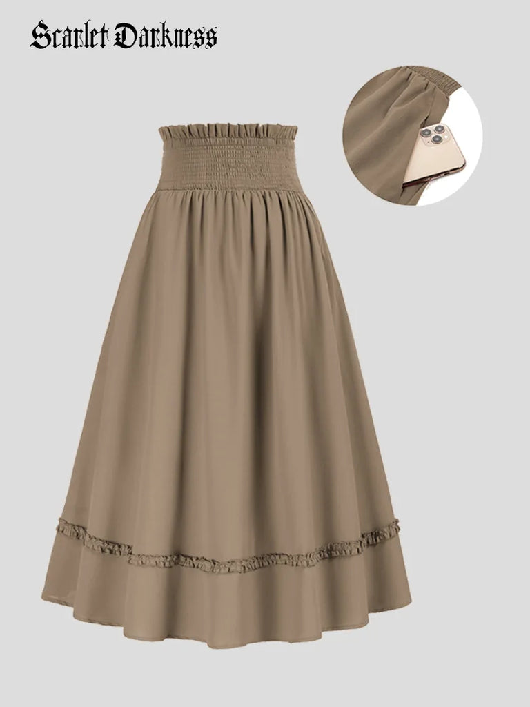 Women Cotton Smocked Waist Patchwork Flared Skirt SCARLET DARKNESS