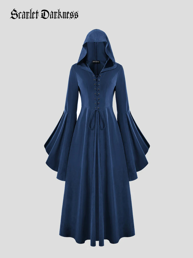Scarlet Darkness Renfaire Celtic Cloak Bell Slit Sleeve Hooded Dress Blue