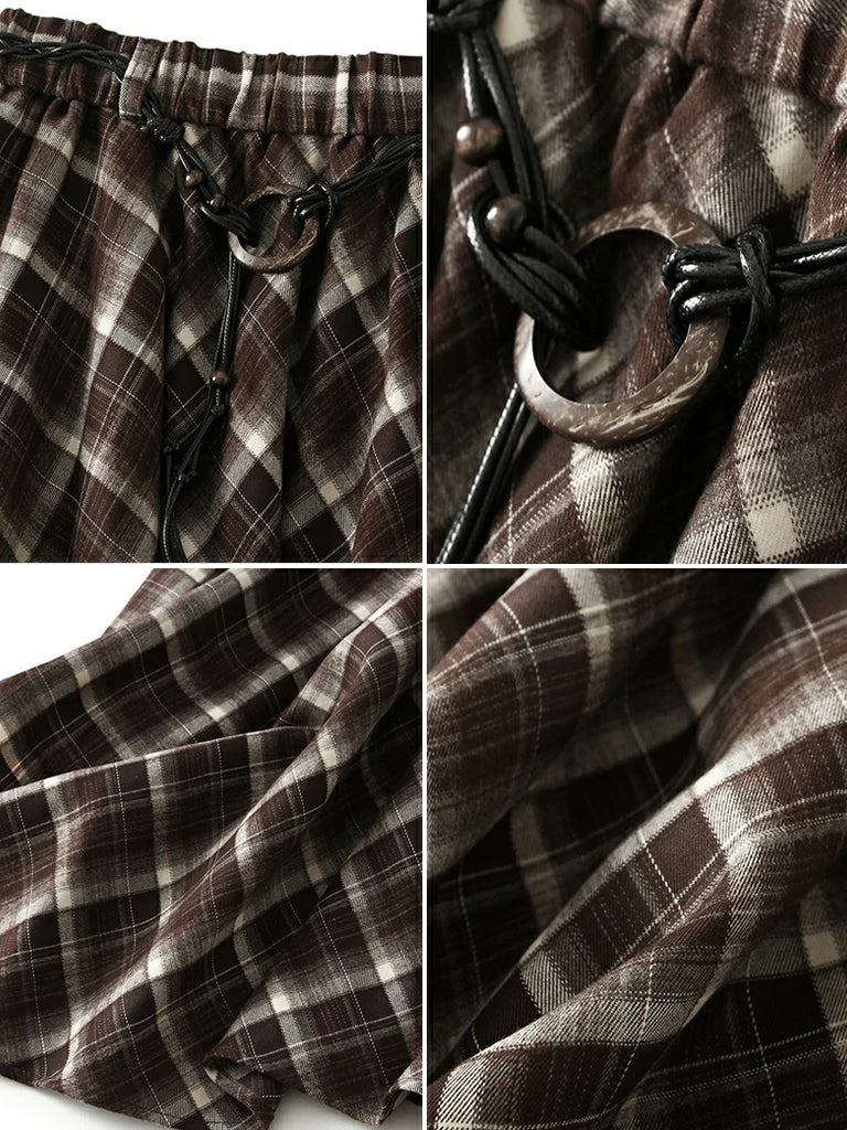 Scarlet Darkness 2025 Retro Plaid Irregular Midi Skirt with Tie