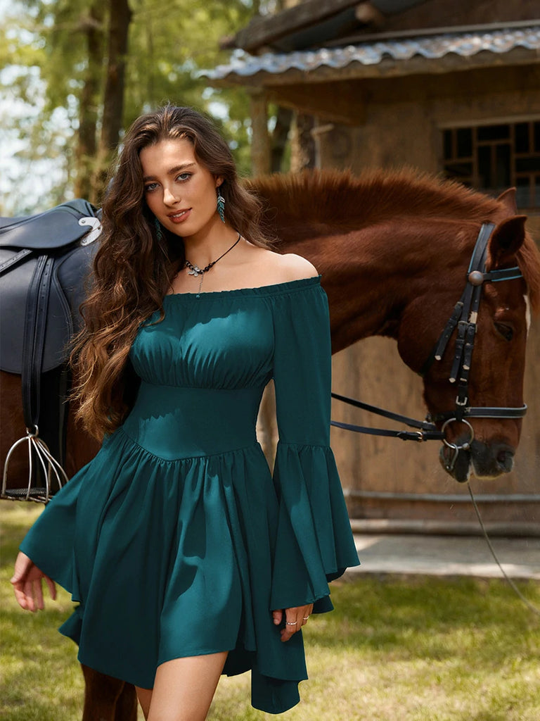 Scarlet Darkness Renaissance Irregular Hem Off Shoulder Pockets Dress