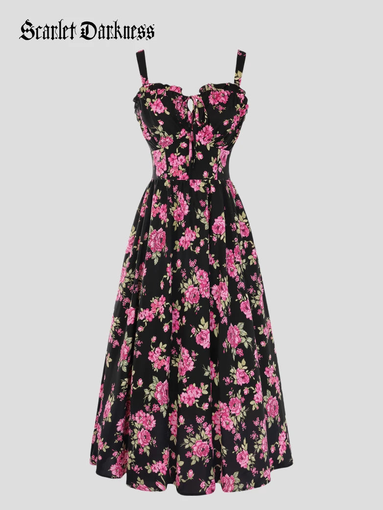 scarlet darkness dress 2026 Floral Corset Dress Long Milkmaid Dress with Pocket