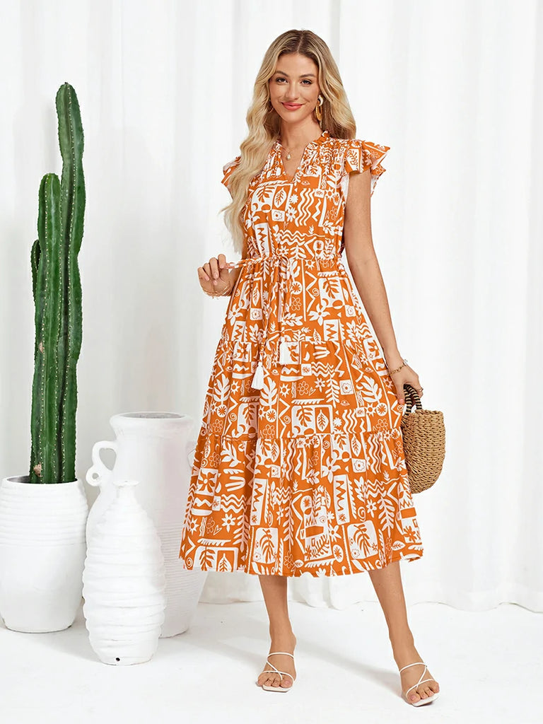 Drawstring Waist Flutter Sleeve V-Neck Tired A-Line Dress SCARLET DARKNESS