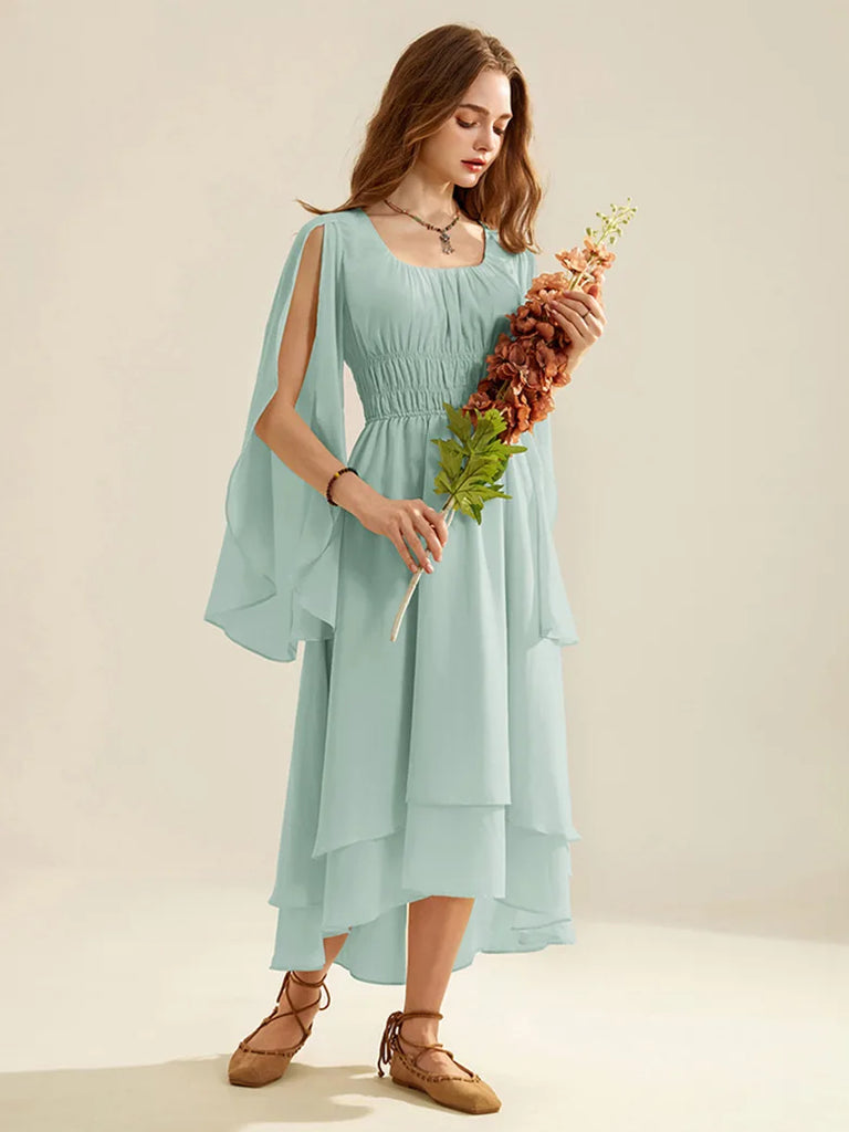 Fantasy Faux Elf Wing Sleeves Crew Neck Tiered Maxi Dress SCARLET DARKNESS
