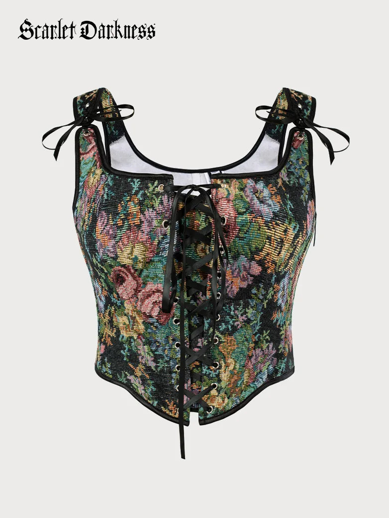 Scarlet Darkness Floral Lace-up Zip Adjustable Boned Corset Top