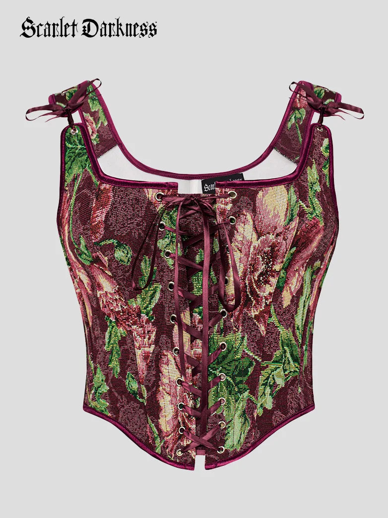 Scarlet Darkness Floral Lace-up Zip Adjustable Boned Corset Top