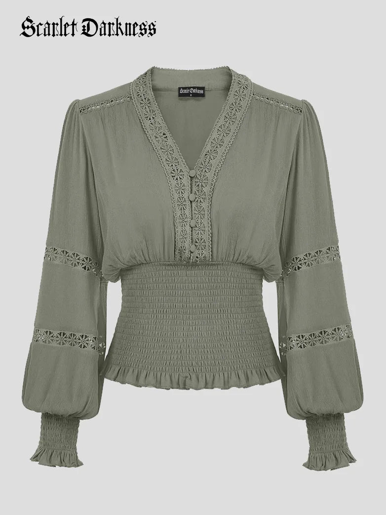 CURLBIUTY Viktorianisches Hemd für Damen Rüschen Schnürung Piratenbluse Vintage Weiß Langarm Oberteile Schwarz S