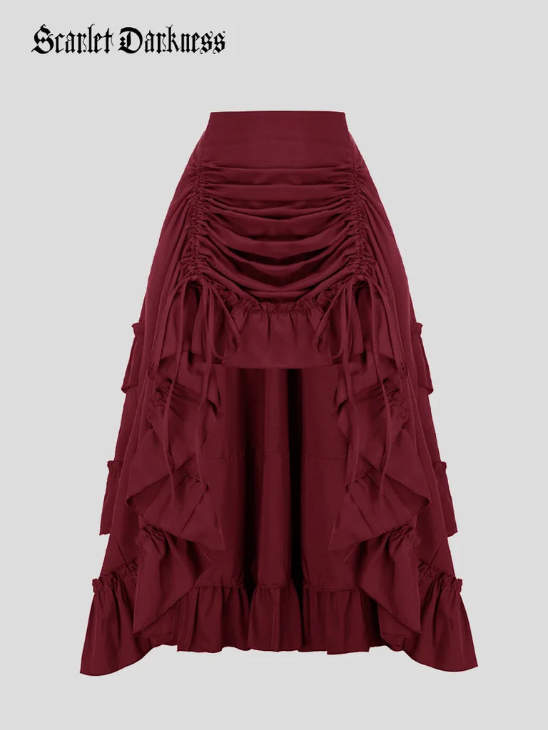 Scarlet Darkness Women High-Low Skirts Adjustable Ruffle Cake Maxi Skirt Red