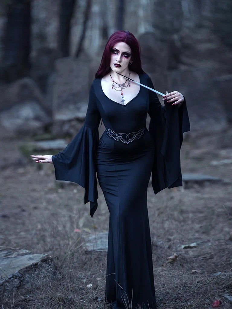 Scarlet Darkness Morticia Addams Gothic Bat Sleeve Maxi Bodycon Dress