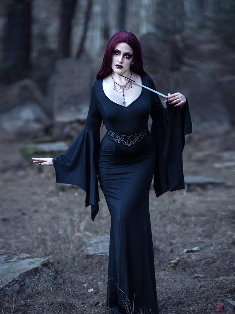 Scarlet Darkness Morticia Addams Gothic Bat Sleeve Maxi Bodycon Dress