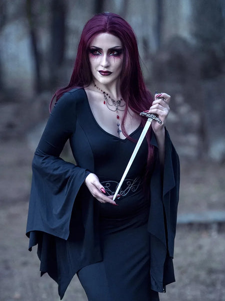 Scarlet Darkness Morticia Addams Gothic Bat Sleeve Maxi Bodycon Dress