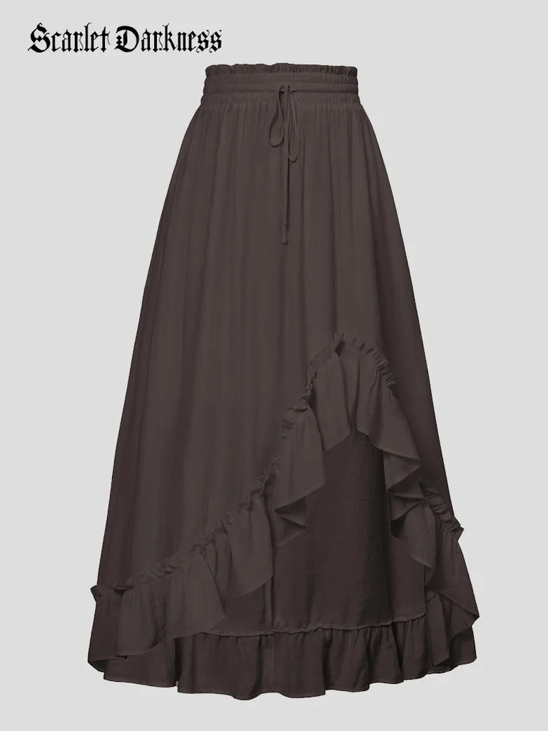 Scarlet Darkness Women Renaissance Tiered Swing Pockets Skirt Dark brown