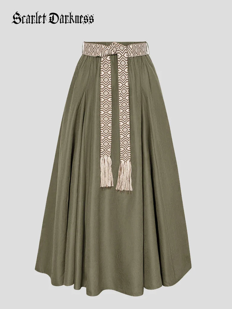 Scarlet Darkness Women Renaissance Tiered Swing Pockets Skirt Green