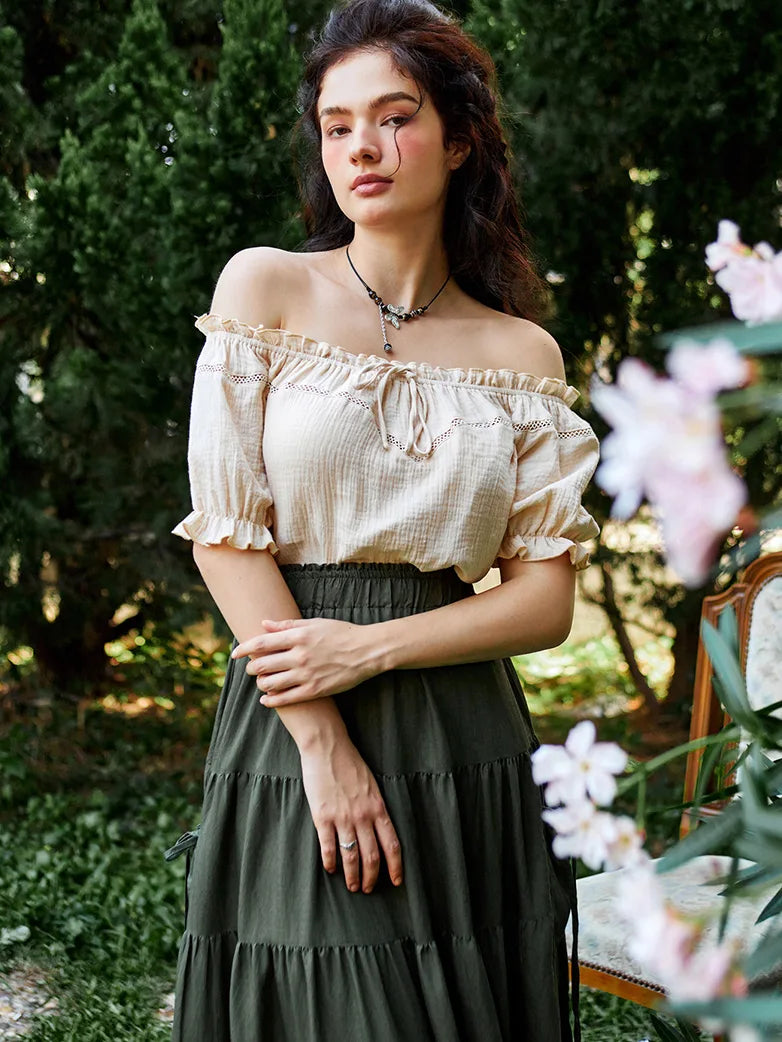 Renaissance Peasant Cotton Off Shoulder Lace-up Tops Scarlet Darkness Light brown / 2XL