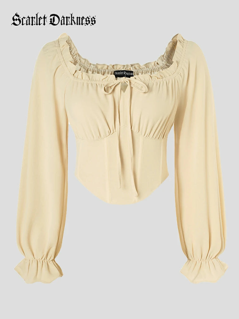 SCARLET DARKNESS Womens Wine Medieval Tops Lace Stand Collar Swiss Dot Long Sleeve Lace Up Renaissance Blouses Elegant Victorian Gothic Shirt S