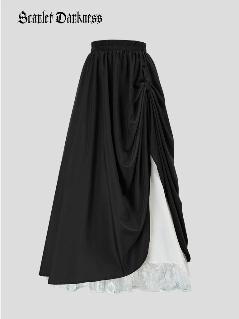 Renaissance Elastic Waist Double-Layer Lace Hem Long Skirts Scarlet Darkness