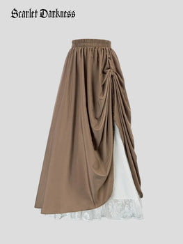 Renaissance Elastic Waist Double-Layer Lace Hem Long Skirts Scarlet Darkness