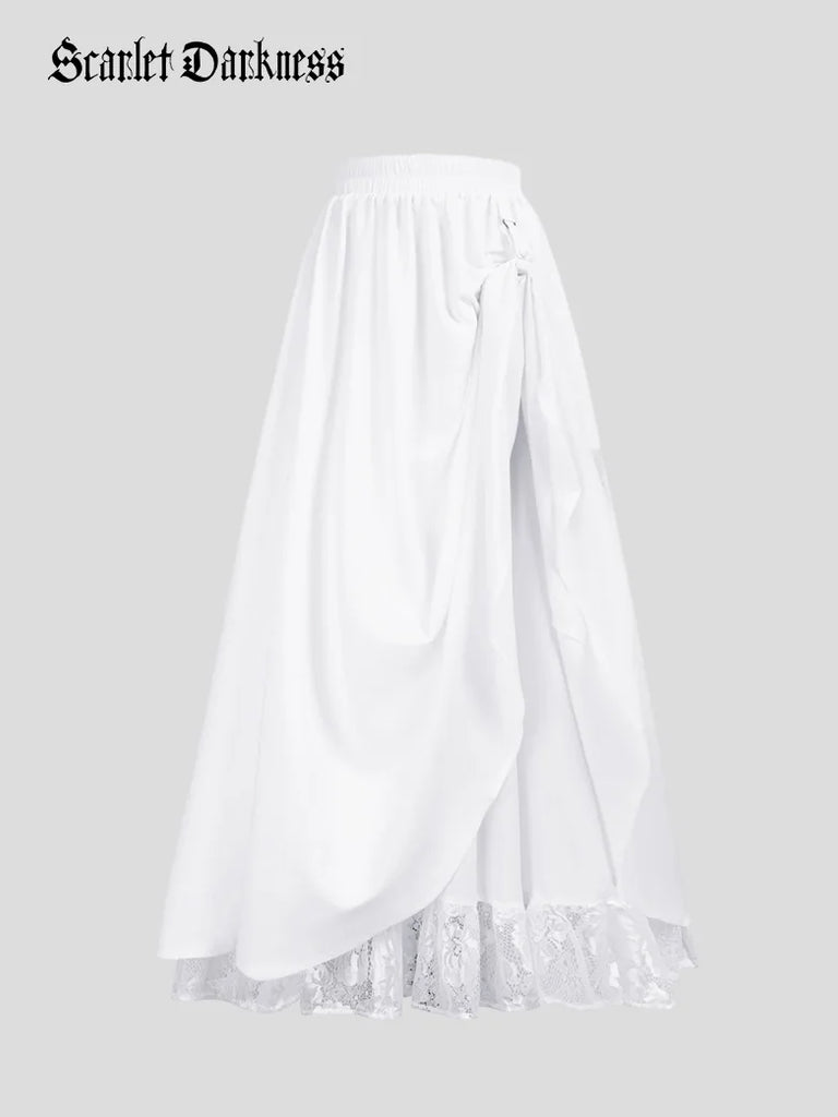 Renaissance Skirts Elastic Waist Double-Layer Lace Hem Long Skirts SCARLET DARKNESS