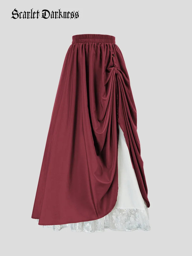 Renaissance Elastic Waist Double-Layer Lace Hem Long Skirts SCARLET DARKNESS