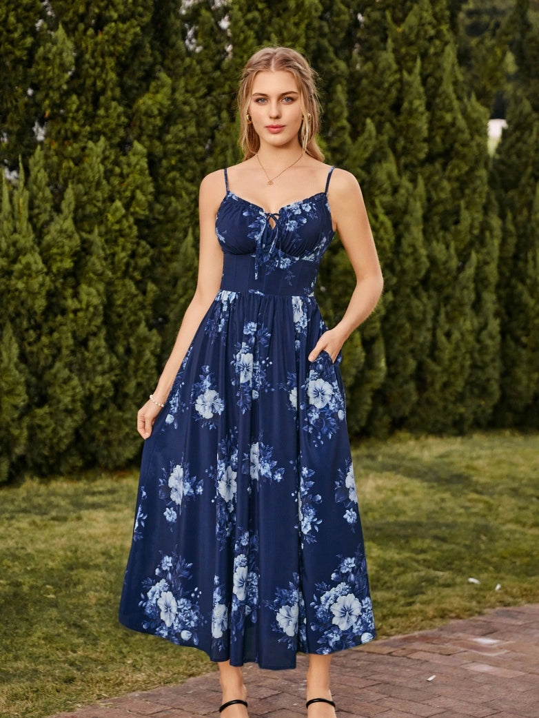 Scarlet Darkness 2026 Spring Summer Slit Flower Dress with Pockets