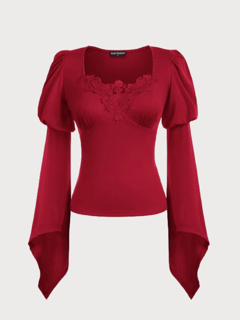 Lace Decorated Pointed Sleeves Puffed Sleeve Tops SCARLET DARKNESS