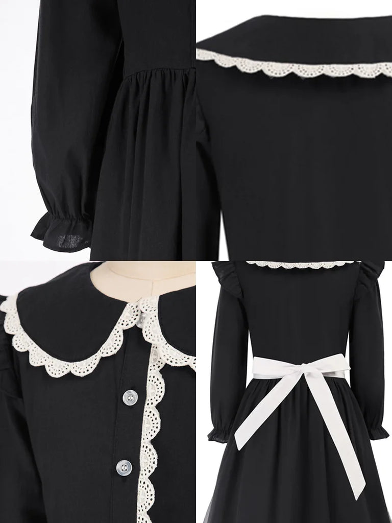 Girls Long Sleeve Stand Collar Lace Decorated Dress Scarlet Darkness