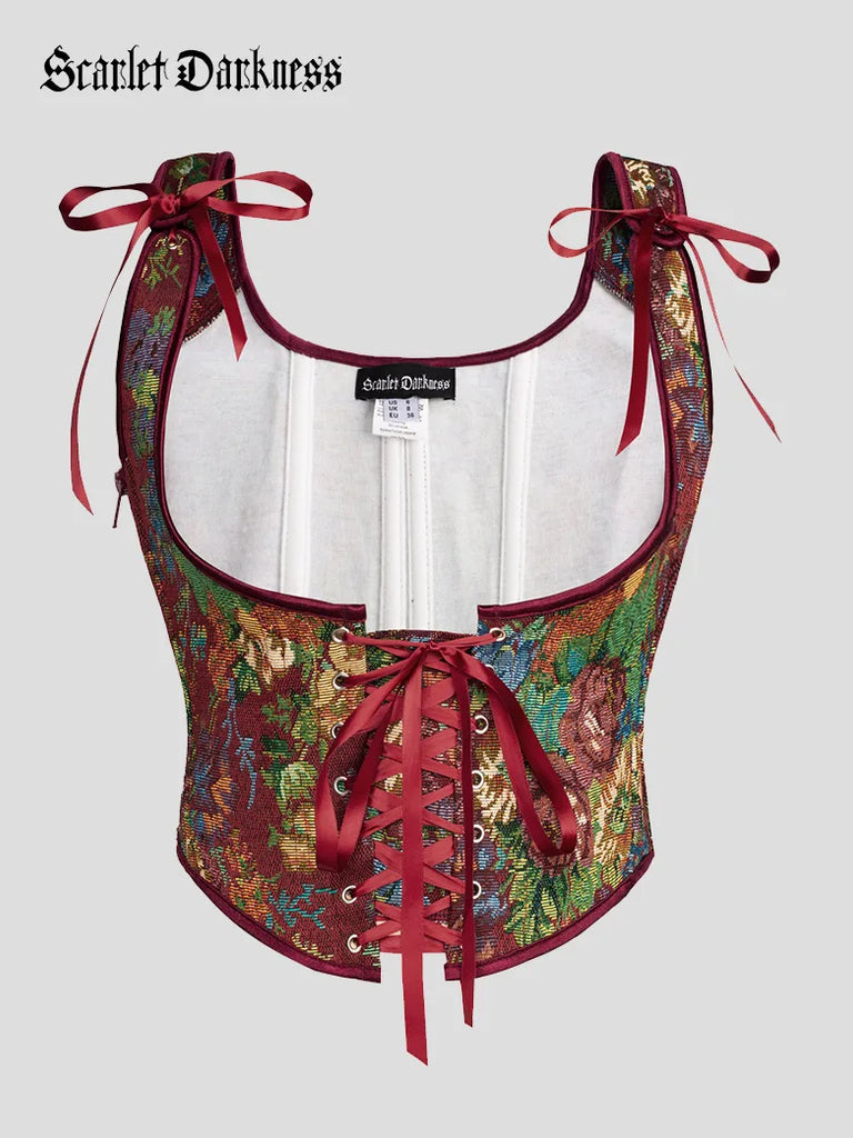 Scarlet Darkness Flower Under Bust Bustier Corset with 11 Bones Wine