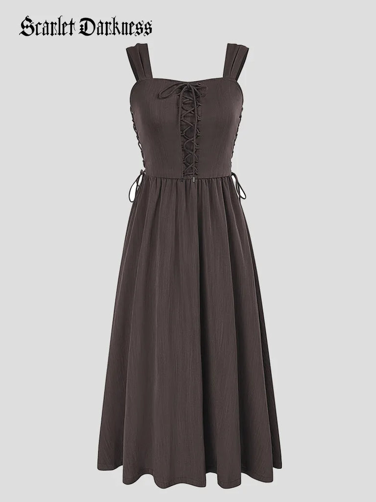 Scarlet Darkness Wide-strap Renaissance Peasant Dress with Pockets Dark brown