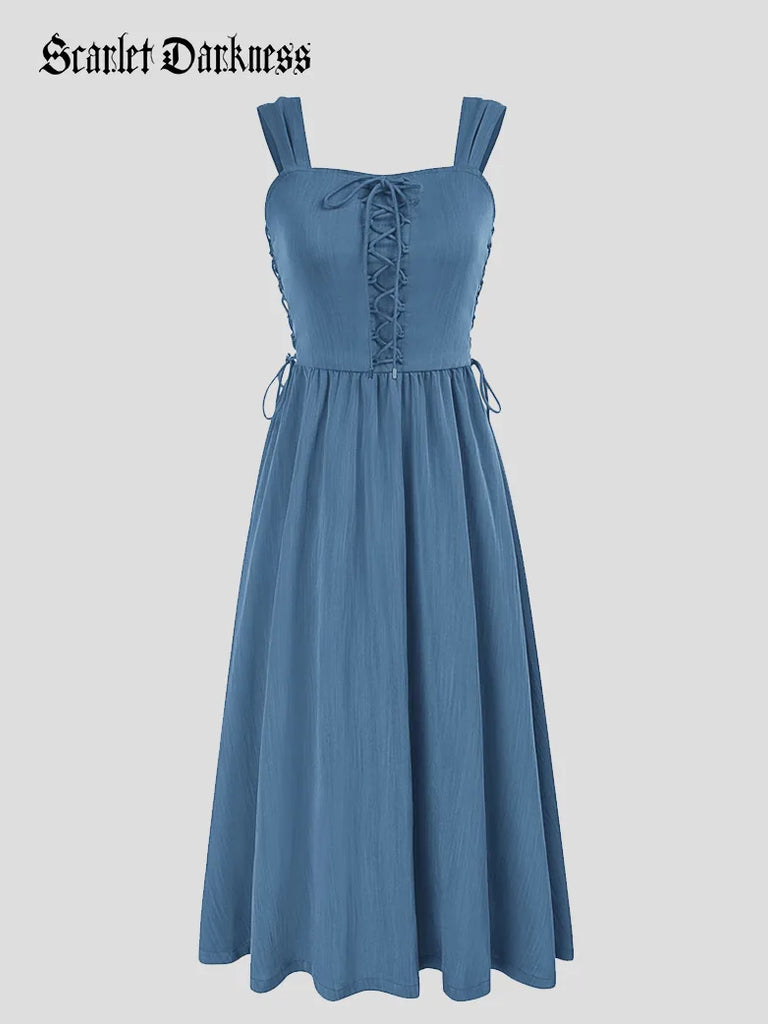 Scarlet Darkness Wide-strap Renaissance Peasant Dress with Pockets Blue