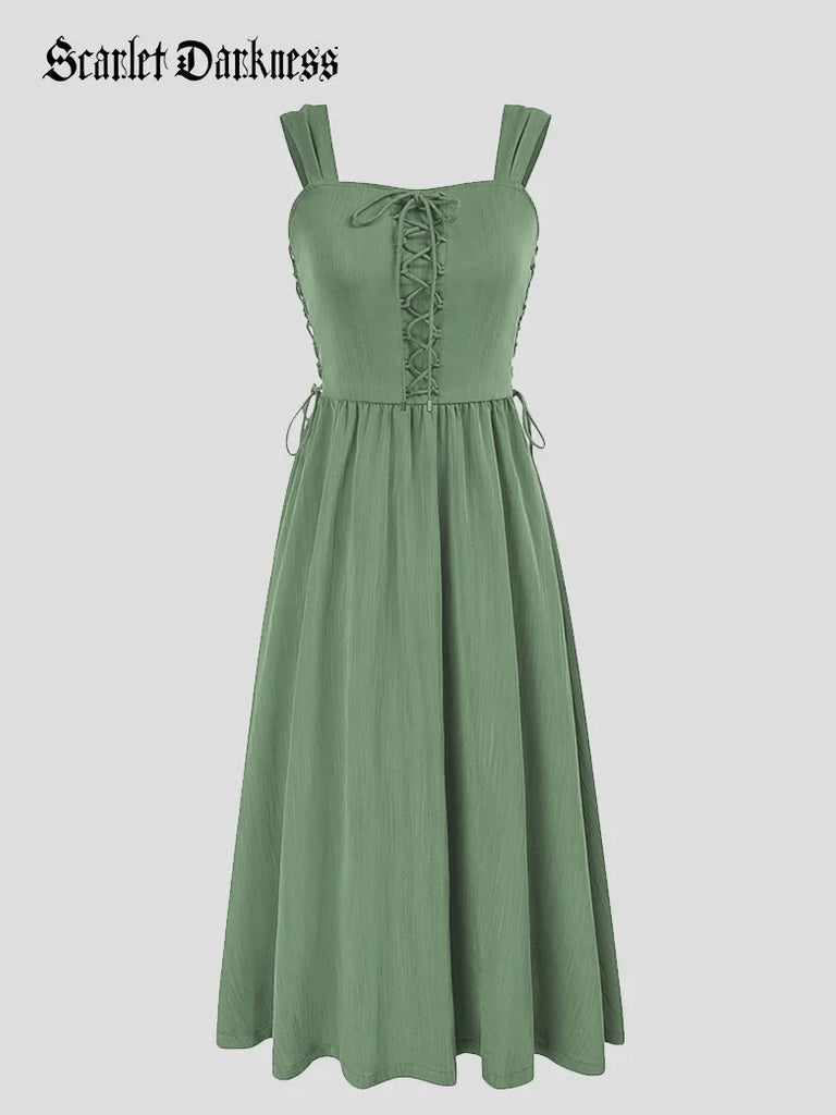 Scarlet Darkness Wide-strap Renaissance Peasant Dress with Pockets Light green
